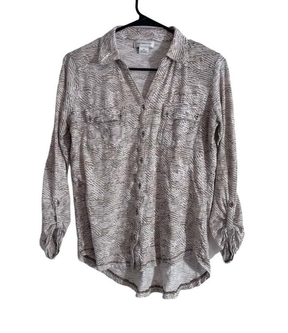 Liz Claiborne Neutral Print Long Sleeve Button-Down Shirt Blouse Size M